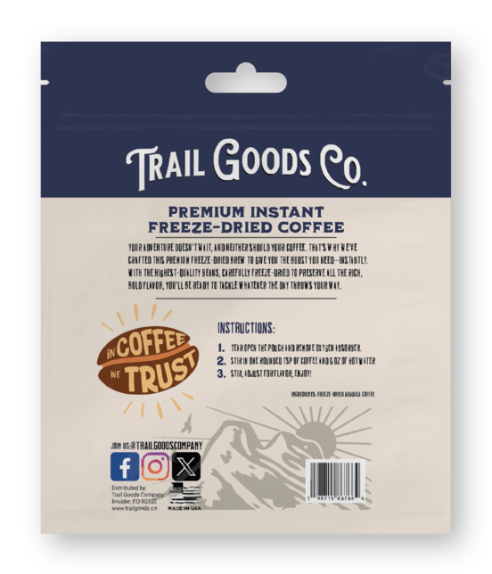 Trail Goods Co. Premium Colombian Freeze-Dried Instant Coffee packaging for backpacking, hunting, and outdoor adventures