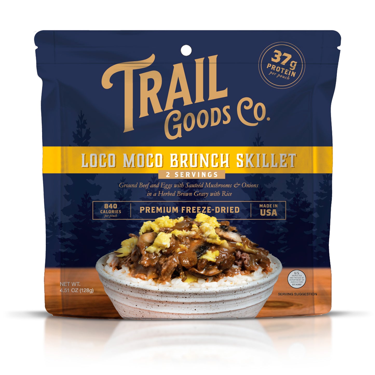 Trail Goods Co. Loco Moco Brunch Skillet with seasoned rice, ground beef patty, brown gravy, sautéed onions, mushrooms, and scrambled eggs