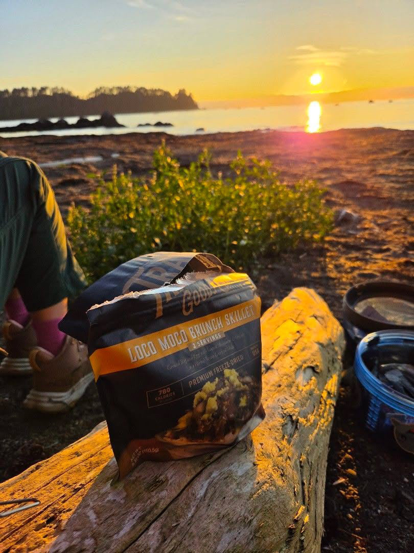 A pouch on a log with a sunset in the background.  